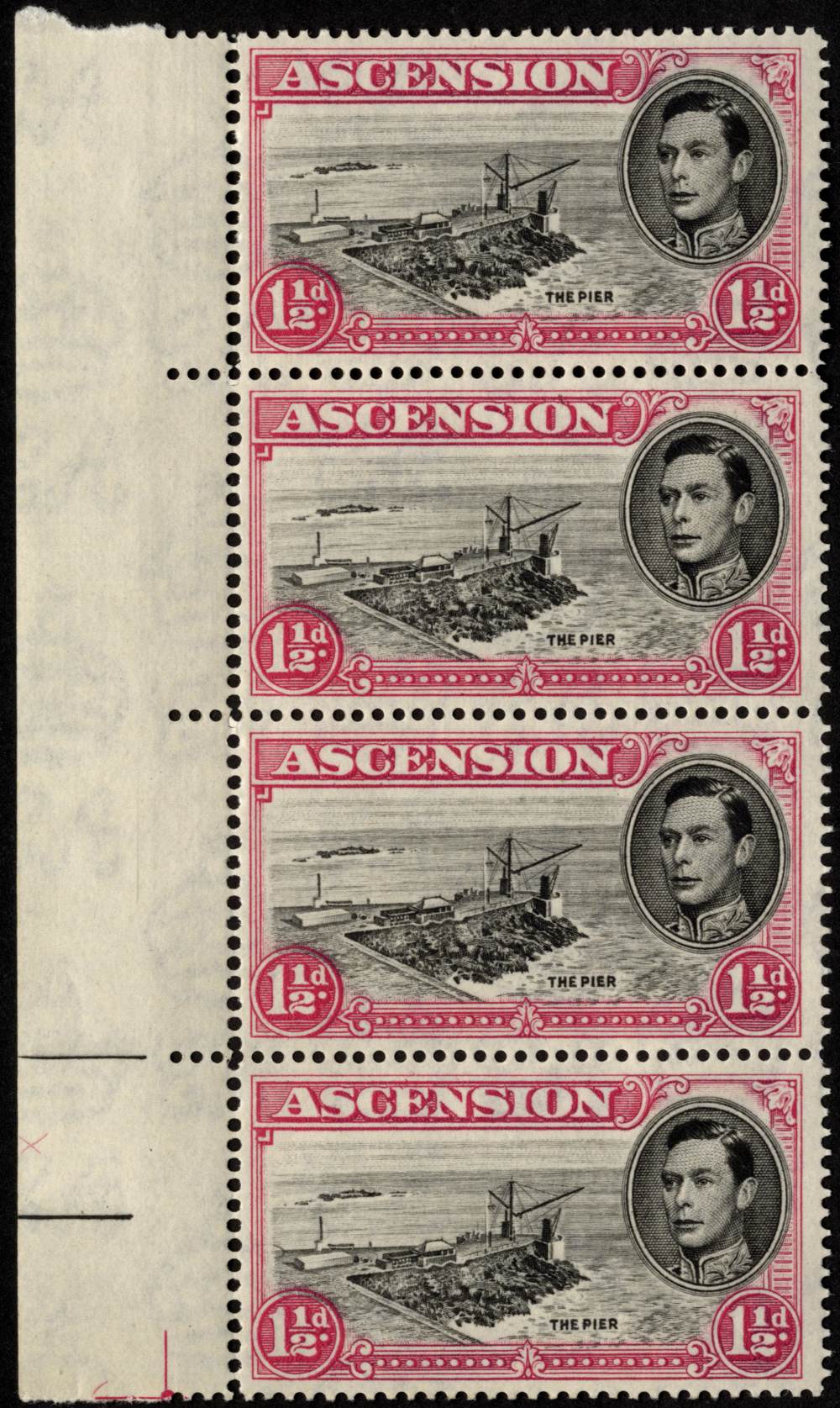 Ascension. 1949 1½d black and carmine, unmounted mint vertical marginal strip of four with R3/1 'cut