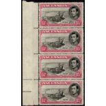 Ascension. 1949 1½d black and carmine, unmounted mint vertical marginal strip of four with R3/1 'cut