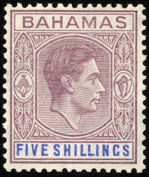 Bahamas. 1941 5/- dull rose-lilac and blue on thin striated paper, fine mint. SG 156a (£4750)/CW