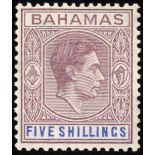 Bahamas. 1941 5/- dull rose-lilac and blue on thin striated paper, fine mint. SG 156a (£4750)/CW