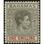 Bahamas. 1942 1/- grey and scarlet on thin striated paper, unmounted mint. SG 155a (£900)/CW 15a