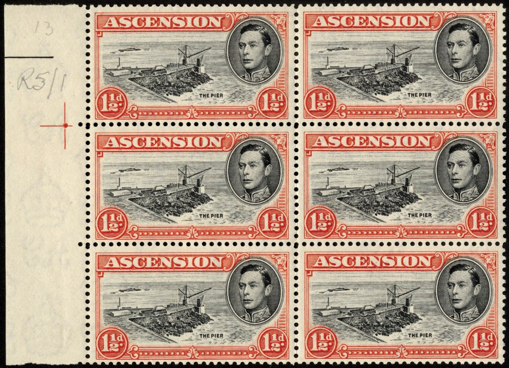 Ascension. 1944 1½d black and vermilion, perf 13. Unmounted mint positional block of six with R5/