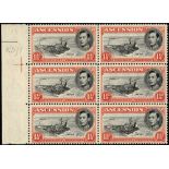 Ascension. 1944 1½d black and vermilion, perf 13. Unmounted mint positional block of six with R5/