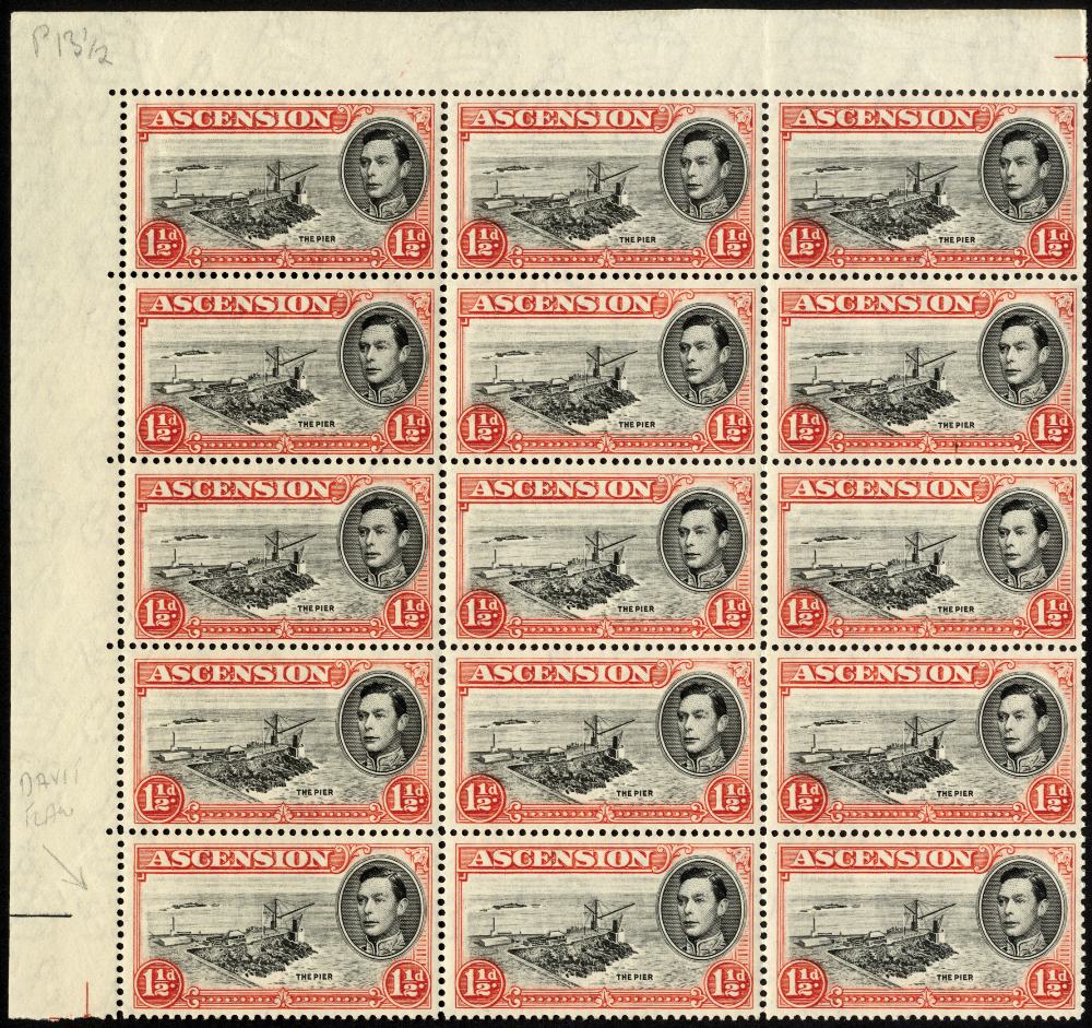 Ascension. 1938 1½d black and vermilion, perf 13½. Unmounted mint top left corner block of fifteen