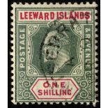 Leeward Islands. 1902 1/- green and carmine watermark Crown CA, R1/1 dropped 'R', Montserrat CDS.