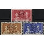 Barbados. 1937 Coronation set of three perforated SPECIMEN Type D20, mint. SG 245s-7s (£90)/CW SP