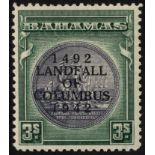 Bahamas. 1942 Landfall 3/- with R2/12 stop after COLUMBUS, unmounted mint. SG 173b (£2500)/CW S15b