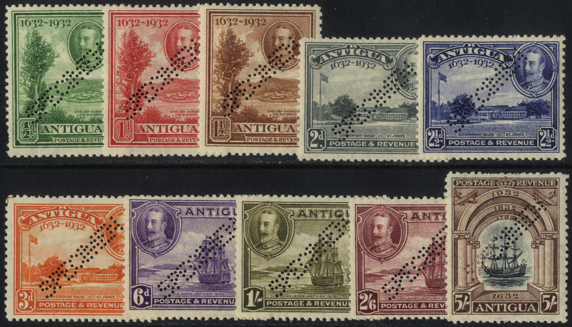 Antigua. 1932 Tercentenary set of ten perforated SPECIMEN Type W8 mint, _d and 5/- each with some - Image 2 of 2