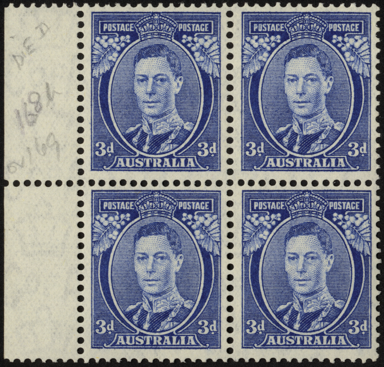 Australia. 1938 3d bright blue Die II, unmounted mint marginal block of four. SG 168ca (£240)/CW 7a