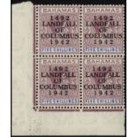 Bahamas. 1942 Landfall 5/- thin striated paper lower left corner block from left pane, unmounted