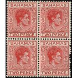 Bahamas. 1941-8 2d scarlet mint block of four hinged on the top pair only. The lower right stamp has