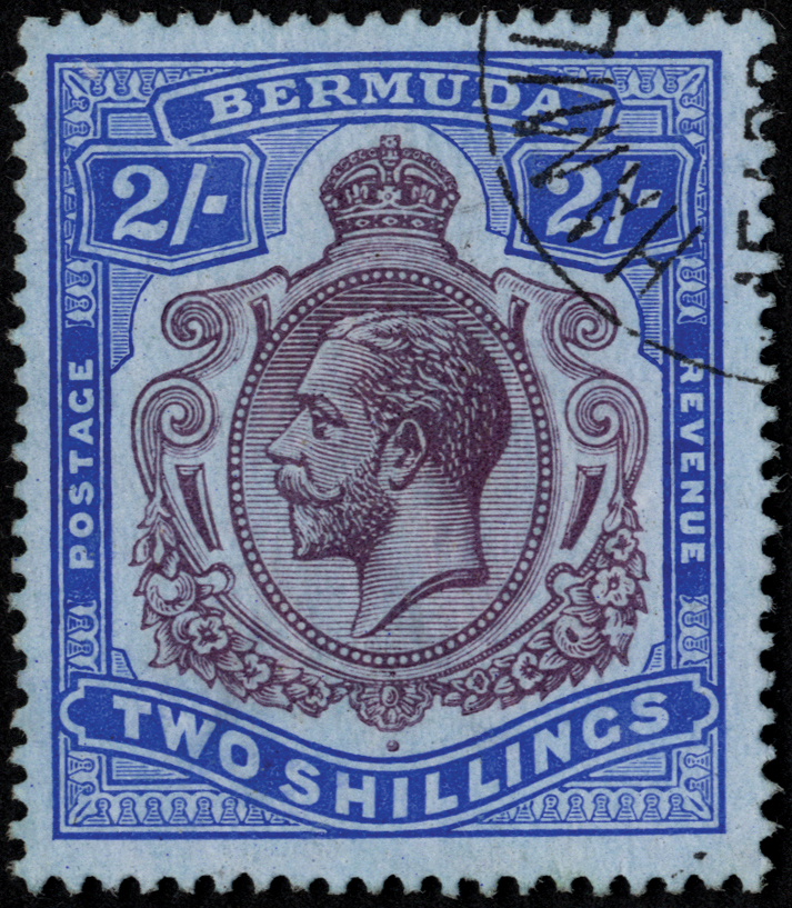 Bermuda. 1920 2/- purple and blue on blue paper, fine used with HPF #54 damaged leaf at bottom