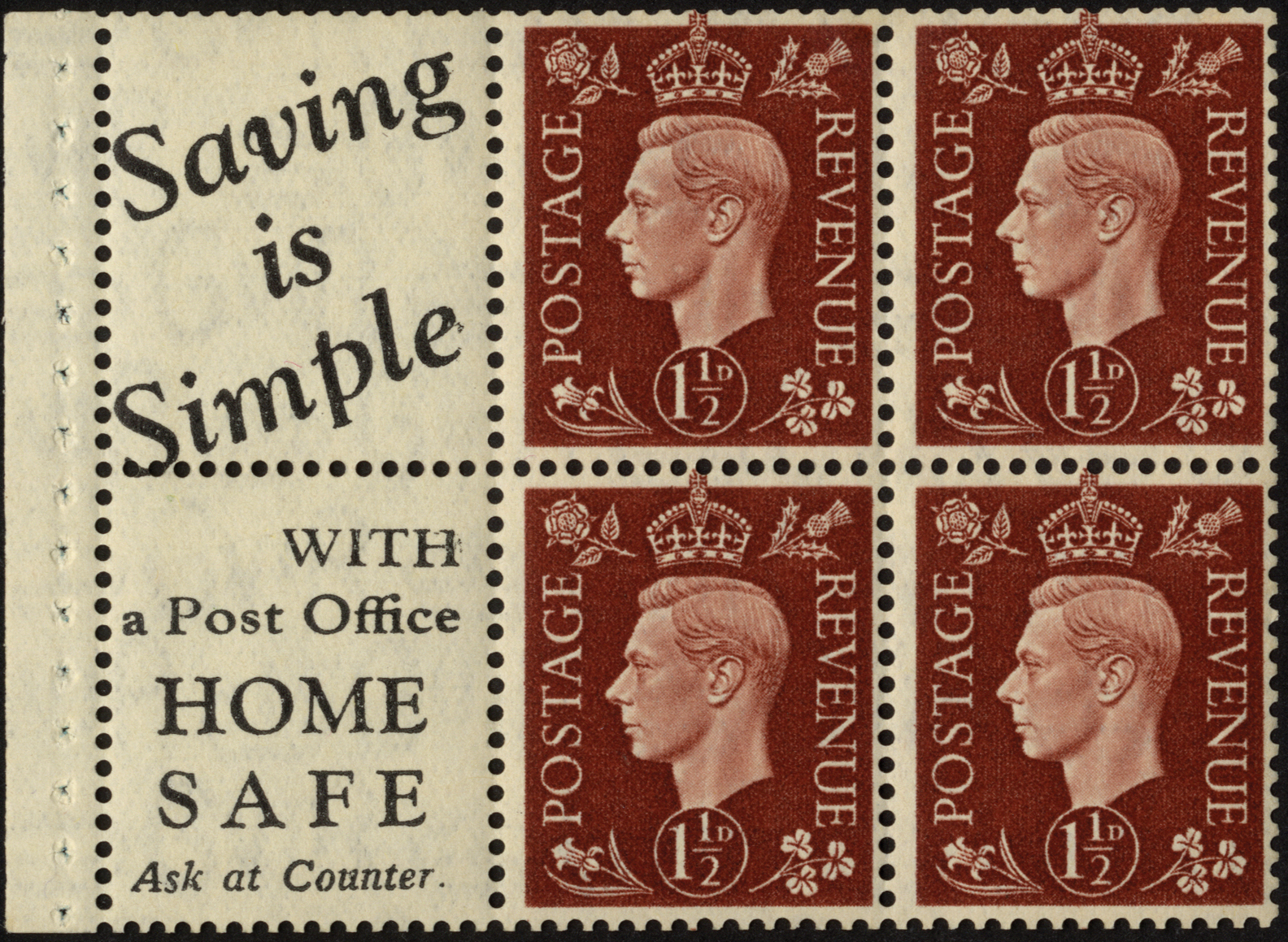 Great Britain. 1937 1_d red-brown booklet pane of four with 'Saving is Simple' labels ('is' 4.