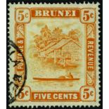 Brunei. 1950 5ct perf 14_ x 13_ with R1/8 '5c' retouch, used with part KUALA BELAIT CDS. SG 82c (£