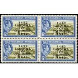 Bahamas. 1942 Landfall 6d unmounted mint block of four, top left stamp with R5/2 COIUMBUS flaw. SG