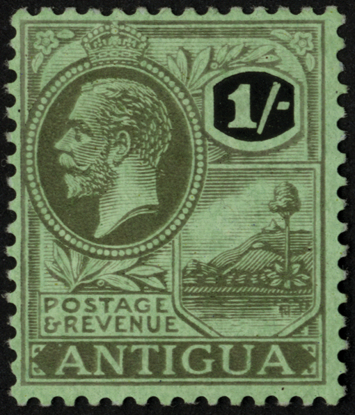 Antigua. 1921-9 1/- black on emerald paper, mint with watermark inverted and reversed. A little