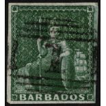 Barbados. 1858 (_d) green imperforate on white paper, lightly cancelled with good margins; burr