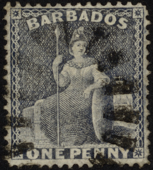 Barbados. 1875 1d grey-blue with watermark sideways, nicely used with Britannia largely clear. SG