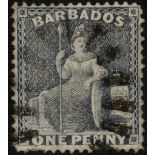 Barbados. 1875 1d grey-blue with watermark sideways, nicely used with Britannia largely clear. SG