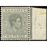 Bahamas. 1938-41 2d grey marginal hinged mint, R3/6 short 'T'. Scarce. SG 152a (£950)/CW 6a