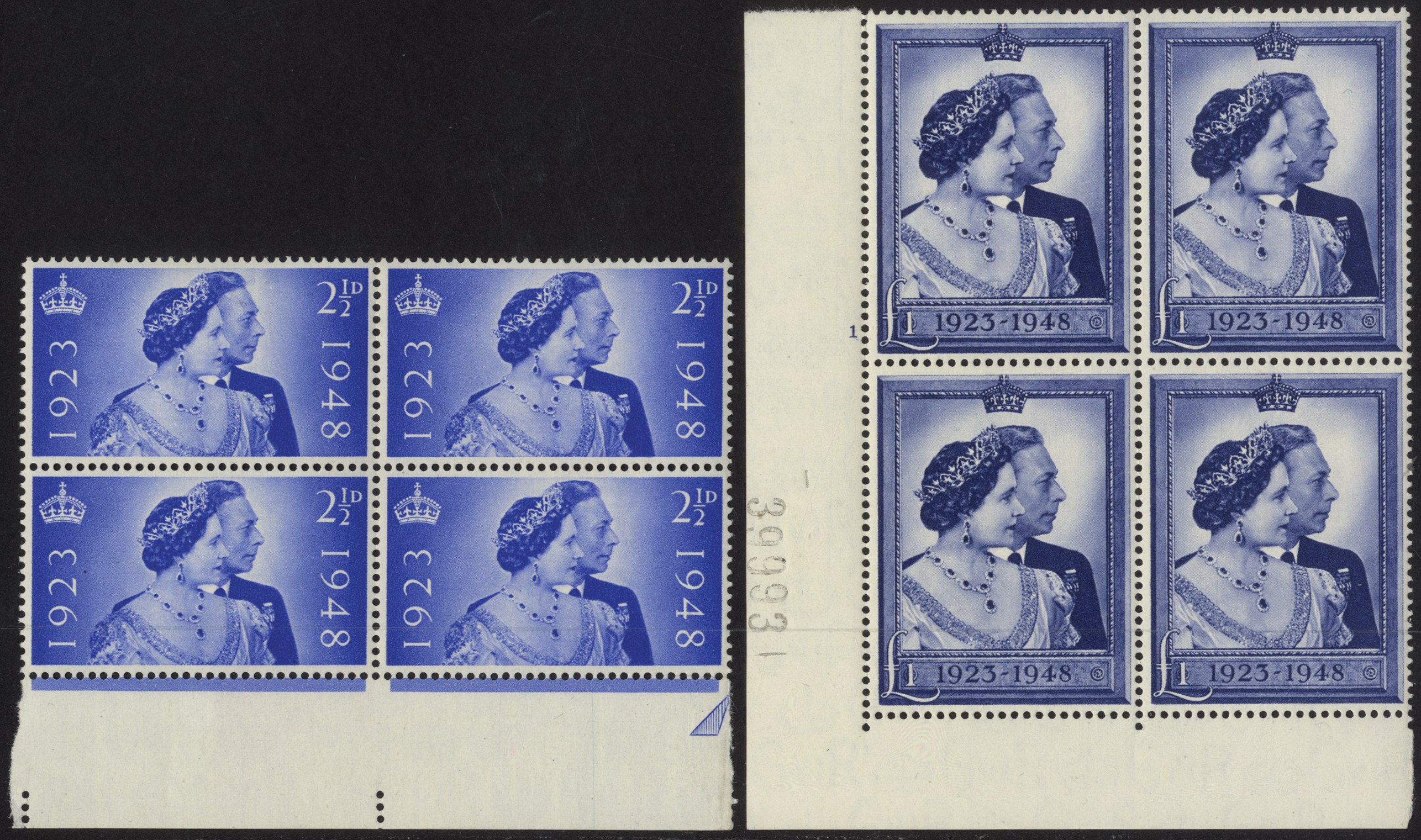 Great Britain. 1948 Silver Wedding pair in unmounted mint blocks of four, the £1 a lower left corner