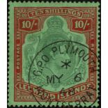 Leeward Islands. 1938 (Nov.) 10/- bluish green and deep red on green paper, 1948 Plymouth CDS. SG