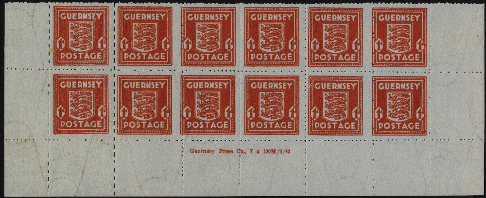 Great Britain. Guernsey. 1942 1d on banknote paper bottom two rows of sheet (twelve stamps) with