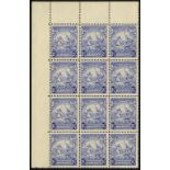 Barbados. 1938-44 2_d ultramarine corner block of twelve, unmounted mint with R1-3/3 mark on central