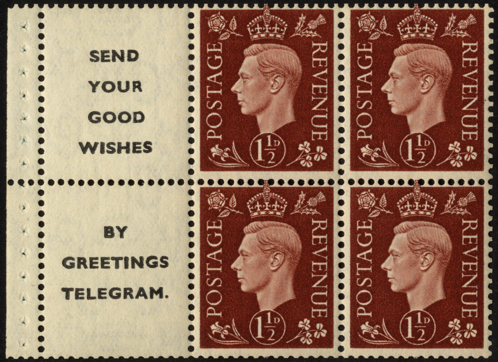 Great Britain. 1937 1_d red-brown booklet pane of four with GREETINGS TELEGRAM labels, unmounted