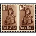 South Africa. 1942 1_d bantam War Effort pair, lightly hinged mint with roulette omitted. SG 99b (£