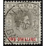 Bahamas. 1941 1/- brownish grey and scarlet on thin striated paper, fine used with 1942 Nassau