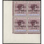 Bahamas. 1942 Landfall 5/- ordinary paper lower left corner block of four from left pane, mint,