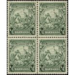 Barbados. 1938-42 _d green perf 13_ x 13 unmounted mint block of four, lower left stamp with R10/6