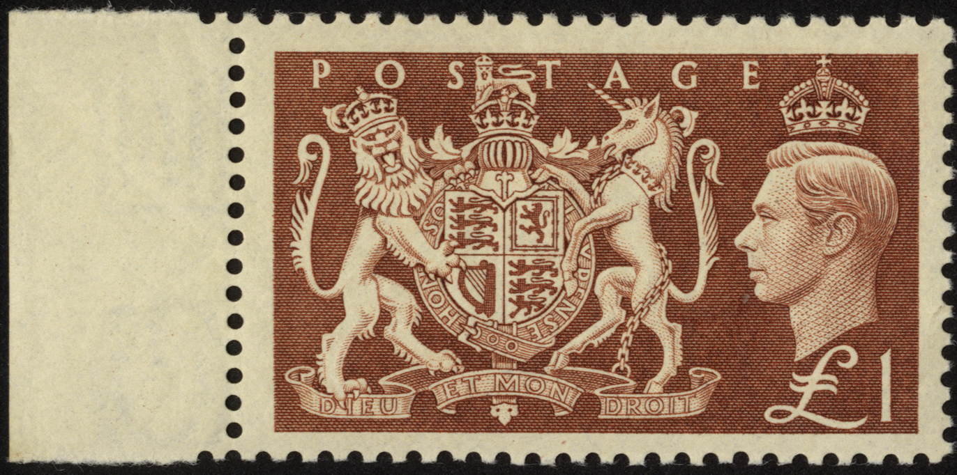 Great Britain. 1951 Festival £1 brown unmounted mint marginal, R5/1 DIEU re-entry. SG 512 (Q38a, £