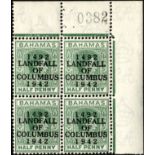 Bahamas. 1942 Landfall _d corner block of four with sheet number, unmounted mint, R1/5 RP 'accent'