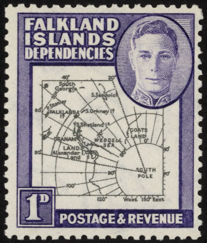 Falkland Islands Dependencies. 1946 1d Thick Map with Pl. 1 R3/9 'extra island', unmounted mint.