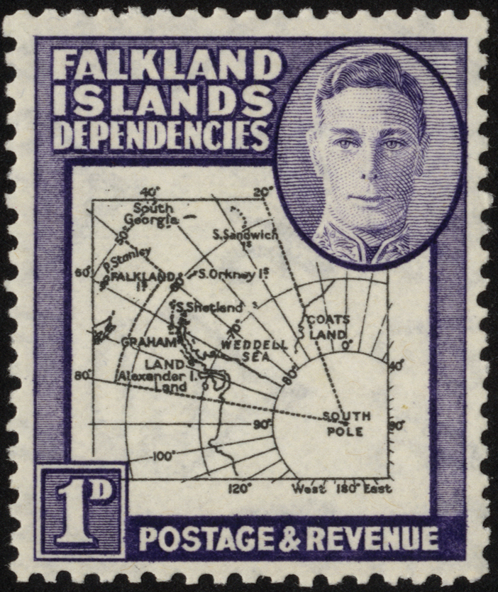 Falkland Islands Dependencies. 1946 1d Thick Map with Pl. 1 R1/2 missing 'I', unmounted mint. SG G2b