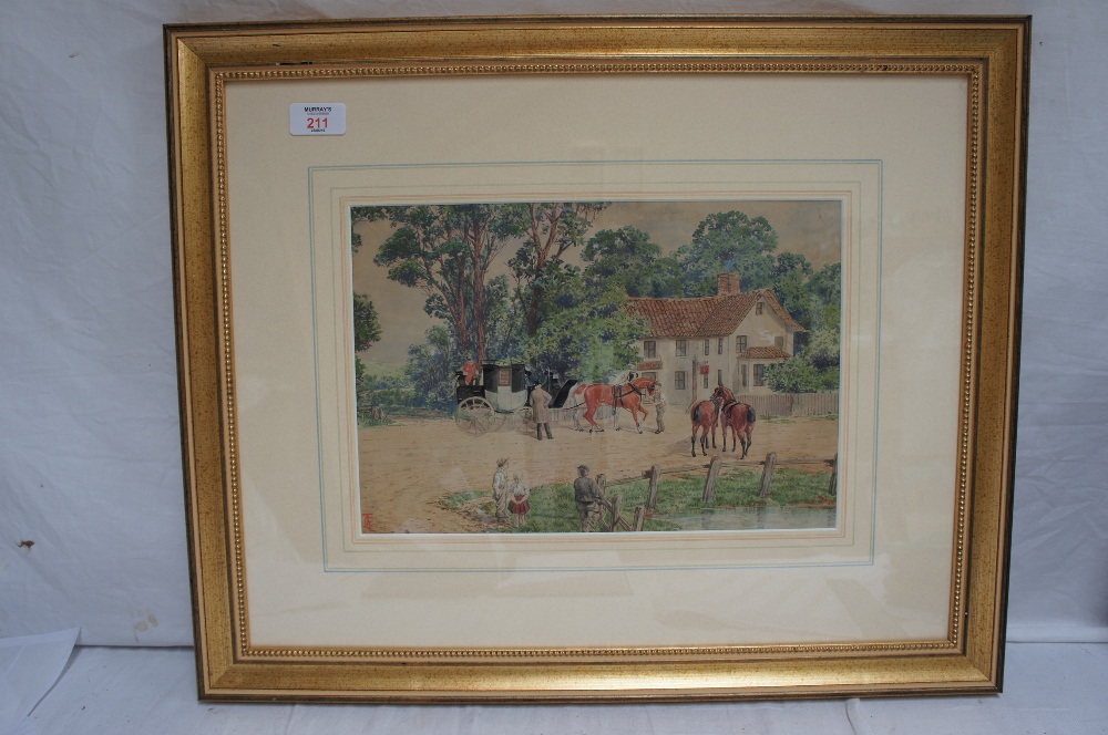 T.C.A. 19h / 20thC English School, Coach and horses by the Red Lion, Watercolour, Signed monogram, - Image 2 of 3