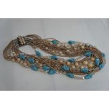 French designer costume jewellery multi-strand, pearl bead, faceted glass and turquoise glass beads.
