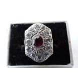 Art Deco ruby and diamond plaque ring set in yellow gold, size J