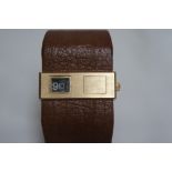 Gold plated LIP digital display winding wristwatch with original tan leather strap, marked PL OR