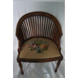 Edwardian mahogany curved slat-back chair with needlework seat