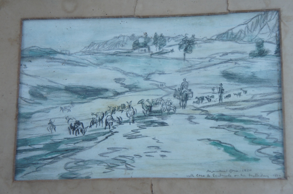 Muirhead Bone, Horse and figure and goats on track, Pencil and watercolour, Signed, dated 1934 and