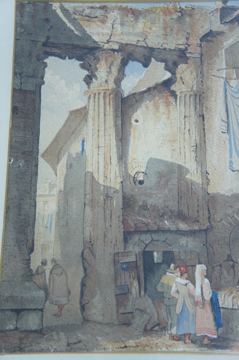 In the style of Samuel Prout 1) Continental street scene, 2) Traders by a ruin, Watercolours, 11 x 9 - Image 2 of 3