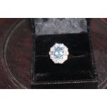 18ct gold aquamarine and mixed-cut diamond cluster ring, size O / P