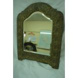 Edwardian gilt brass arched top dressing table mirror with C scroll decoration to border and stand