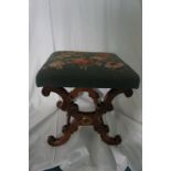 Victorian carved oak needlework top X stool with C scroll decoration to base