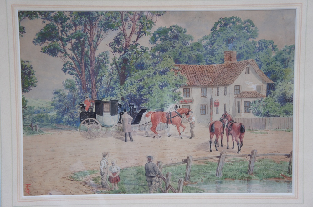 T.C.A. 19h / 20thC English School, Coach and horses by the Red Lion, Watercolour, Signed monogram,