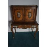 French 19thC kingwood, walnut and rosewood cross-banded cabinet with galleried top, cupboards below,