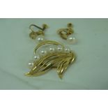 Mikimoto 14K gold and pearl leaf brooch and ear clips